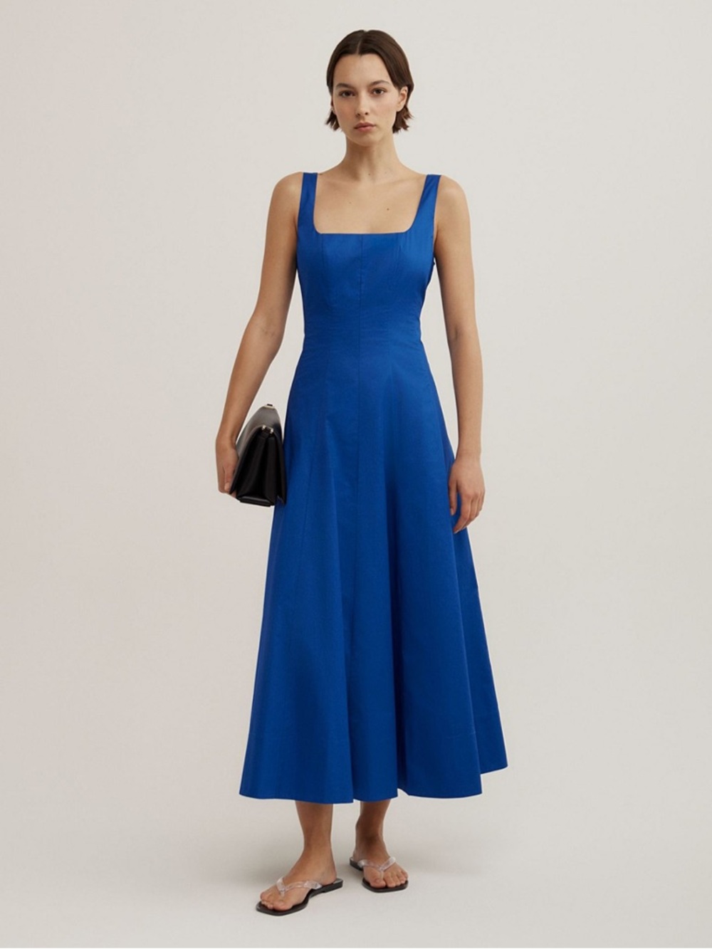 Joie Blue Sleeveless A-Line Midi Dress Structured Panel Fit Flare Minimalist